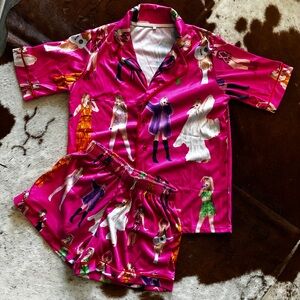 🆕 Taylor Swift Inspired Pink Satin Pajama Set XS Button Up Top Shorts Lounge Set